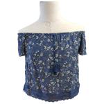 Plain dyed Laceup Ruffles Floral Print O Neck Shirt For Ladies