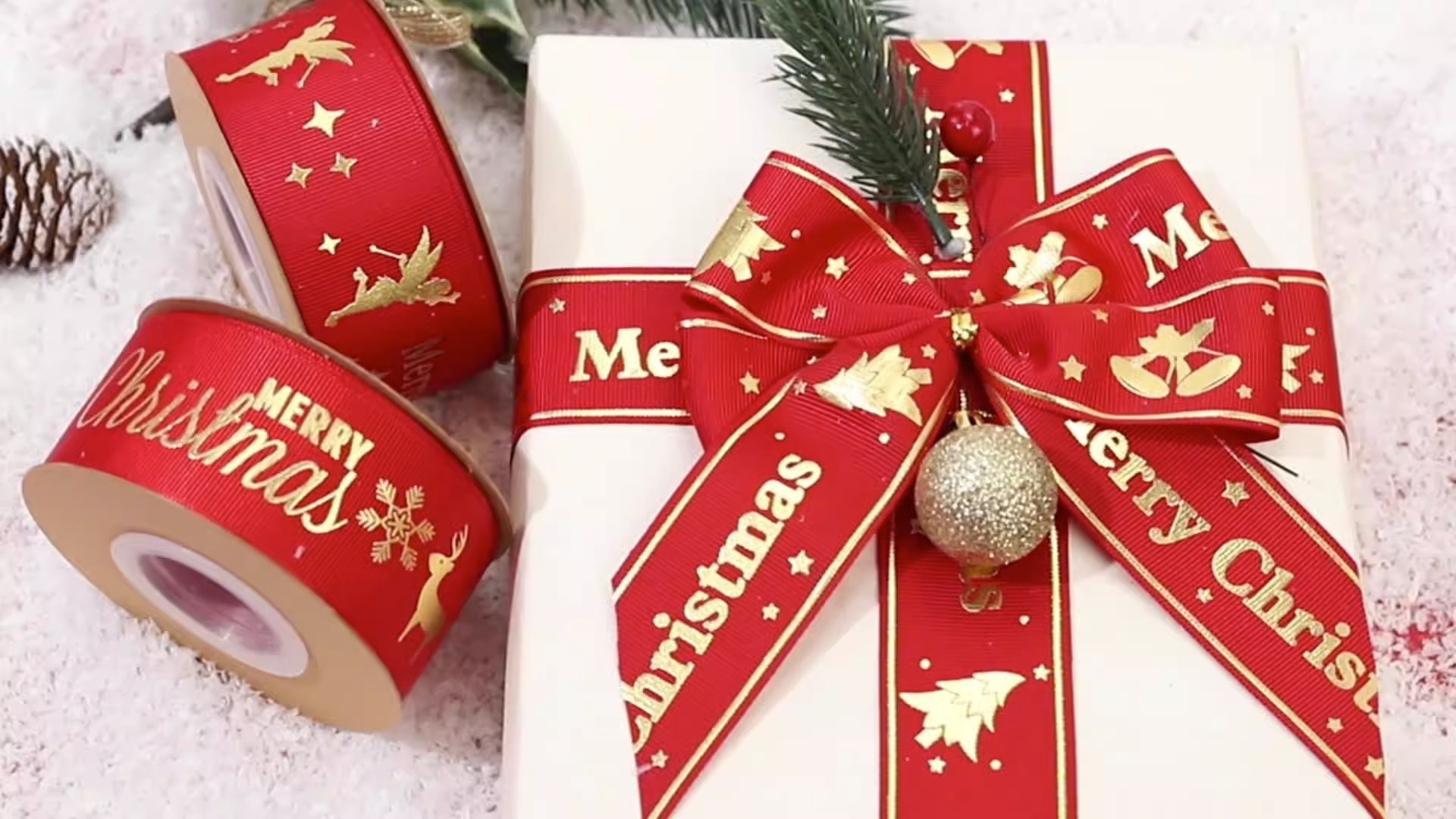 Gold Foil Printed Christmas Ribbon Red Personalised Christmas Ribbon