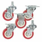 30kg Capacity Red WheelsSwivel Threaded Stem Light Duty PVC Casters Side Brake