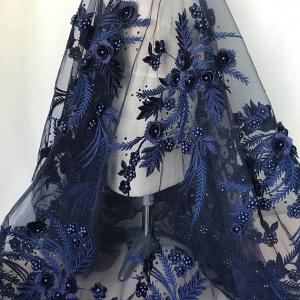 Wholesale Navy Blue 3D Flower Lace Fabric with Pearl Beaded Applique for Ladies Dress from china suppliers