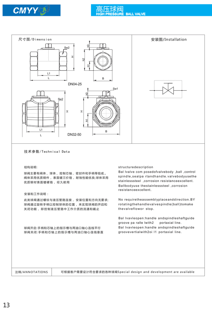 High Pressure Hydraulic Ball Valve 2 Way 2 Position Straight Type for Oil Medium