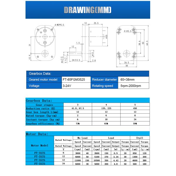 FT-65FGM3525 DC 3-24v High Torque Slow Speed Motor Customized For Home Appliances