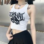 Skull Print Women Crop Top Shirt U Collar Contrasting Color