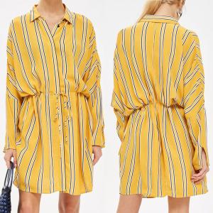 Wholesale Yellow Stripe Drawstring Ladies Casual Shirt Dress Long Sleeve for Women from china suppliers