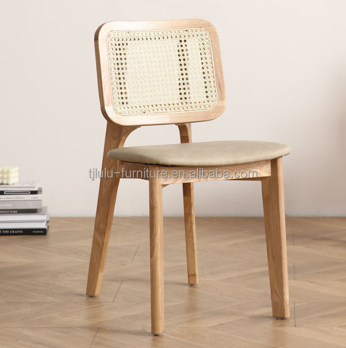 Classical Practical Home Furniture Solid Wood Dining Chair with Rattan Design and Upholstered Seat