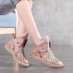 S065 Summer new leather retro handmade velcro rhombus hollow round flat women's