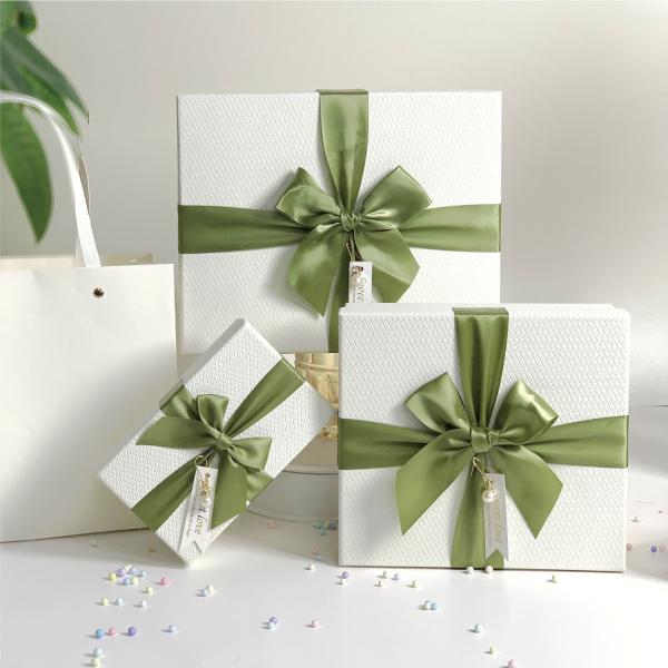 White Rigid Packaging Box With Green Bow Perfect For Jewelry Clothing Or Festive