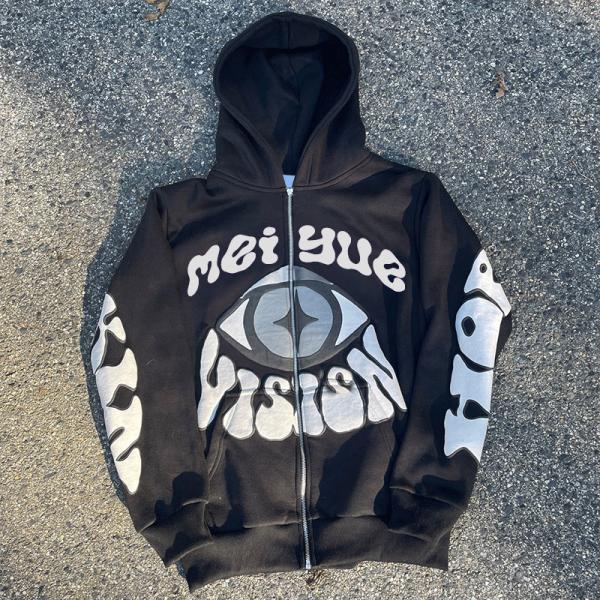 Custom Puff Print Hoodie Zip up French Terry Tech Fleece Hoodies Casual Plus