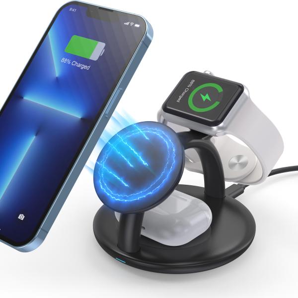 Portable Triple Charging Station - 15W Magnetic Fast Charging for Phone, Watch, and Headphones, Certified Quality, Space