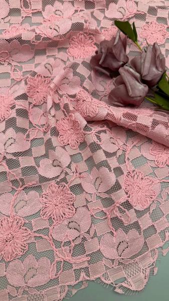 Leafy Pink Plaid Embroidery Durable And Elegant Luxary Knit Embroidery Fabric