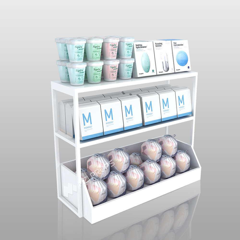 Multifunctional Promotion Display Rack Skincare Store White Wooden Shelf For Cosmetic Shop Design
