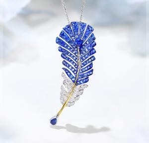 China Brooch Sapphire Virgo Necklace 0.25ct Diamond Feather Pendant on sale