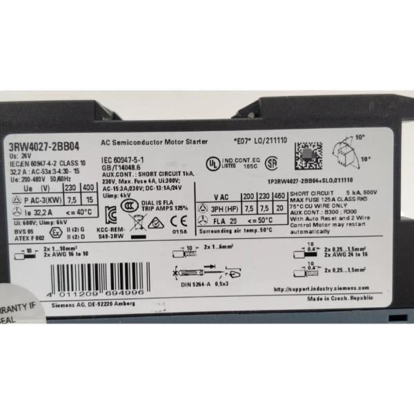 SIEMENS 3RW4027-2BB04 SIRIUS SOFT STARTER S0 32 A, 15 KW/400 V, 40 °C 200-480 V