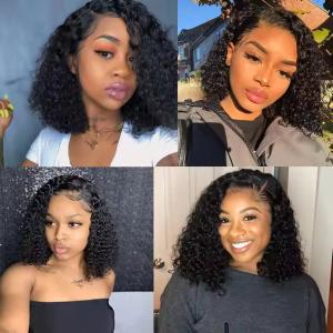 Wholesale Natural Black Short Cut Bob Kinky Curly 13X4 Deep Lace Front Wig Preplucked Glueless from china suppliers