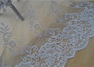Wholesale Floral Embroidery Corded Lace Fabric , Bridal Sequin Mesh Fabric With Scalloped Edge from china suppliers