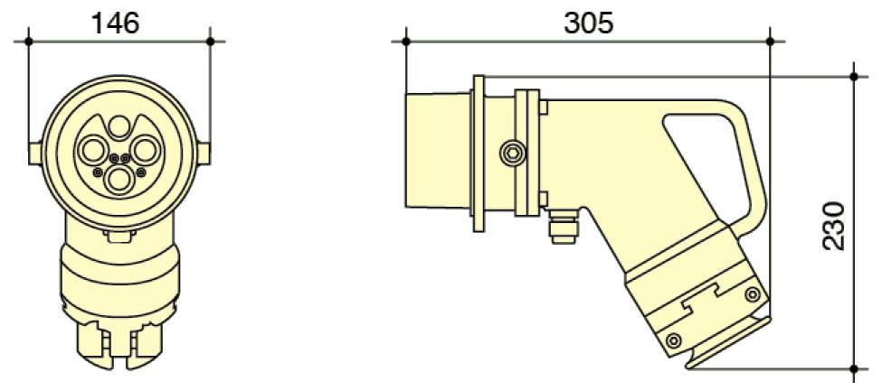 PowerSyntax Shore Power High Current Industrial Male Plug Angled Type 4P 250A 400V IP67 Part No. MB250A-AP-B