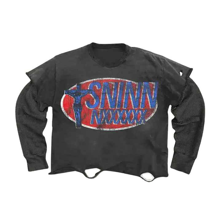 Black Washed Long Sleeve T Shirt Tee Men'S Heavyweight Acid Wash T-Shirt Hip Hop Style