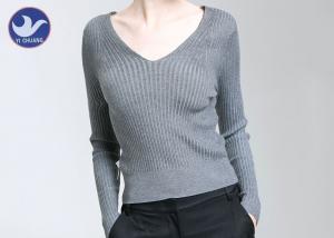 China Ribbed Womens Knit Pullover Sweater V Neck Tight Fit Lady Knitwear on sale