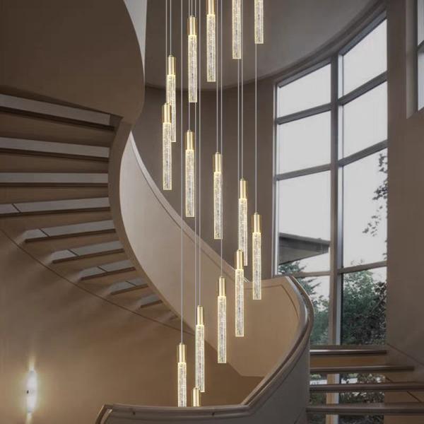 Modern Luxury Interior Hotel Stair Pendant Lamp Gold / Black Crystal Stick