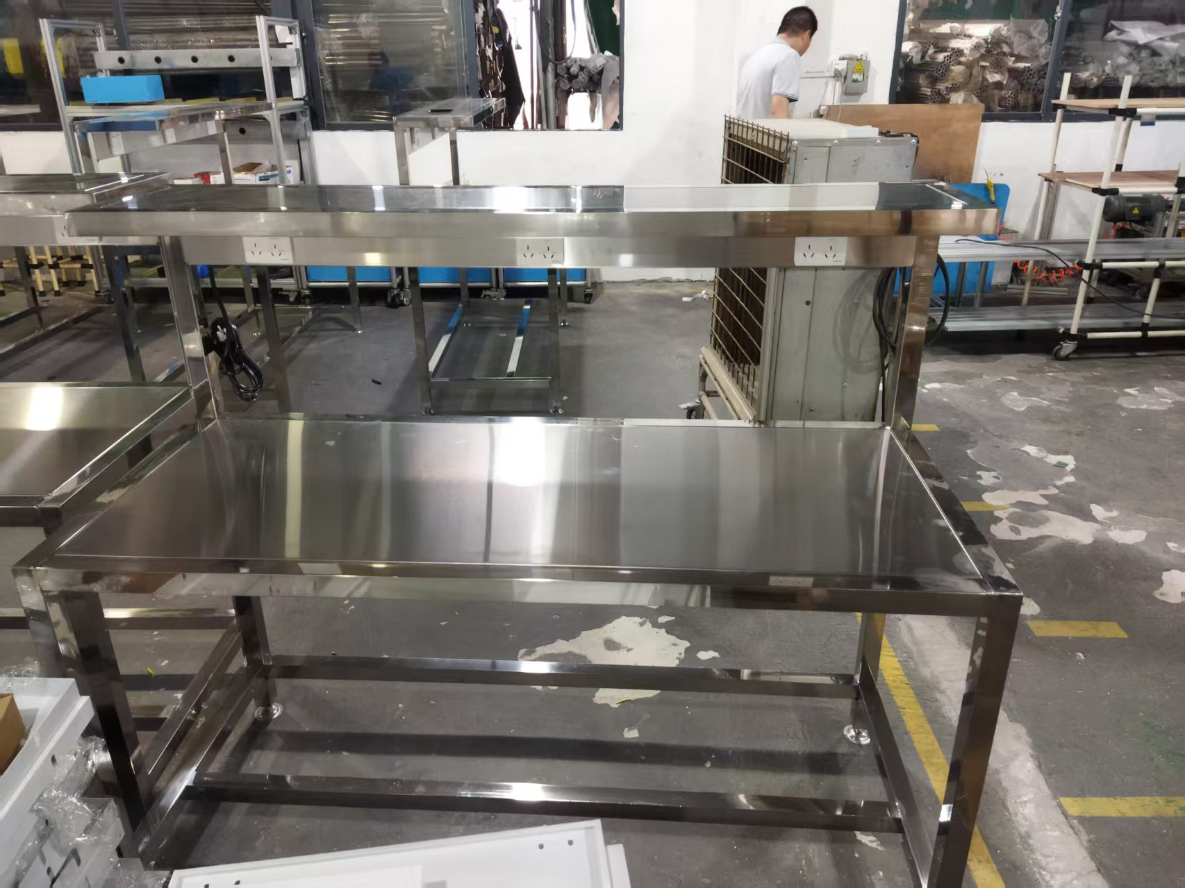 Stainless steel heavy-duty workbench with casters, movable operation table, workshop assembly table