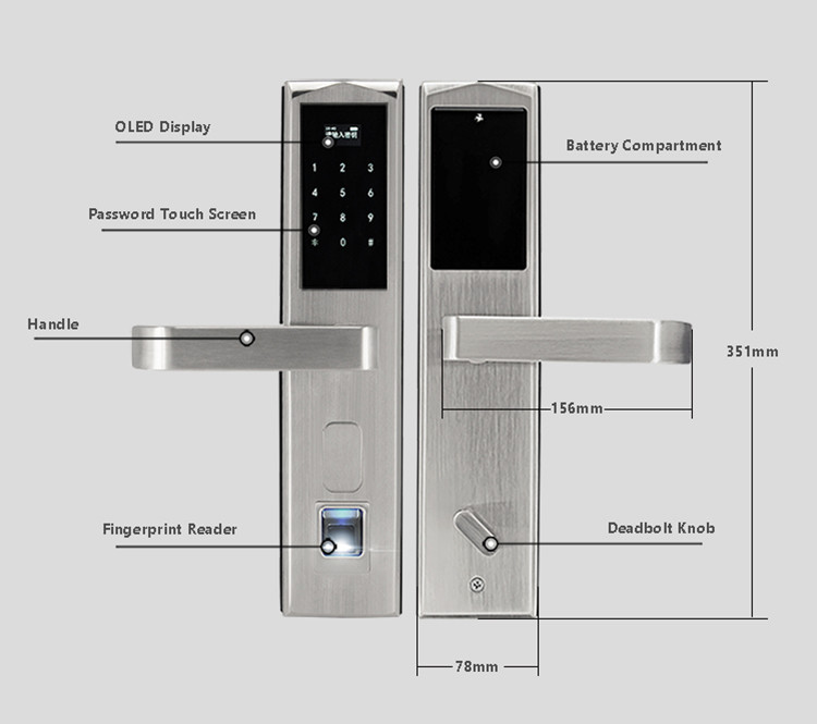 Keyless Residential Door Locks , Fingerprint Hotel Electronic Door Locks 304 Stainless Steel