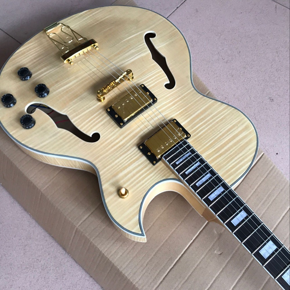 F hollow body jazz Electric Guitar,double tiger flame Natural wood color guitarra.vibrato system