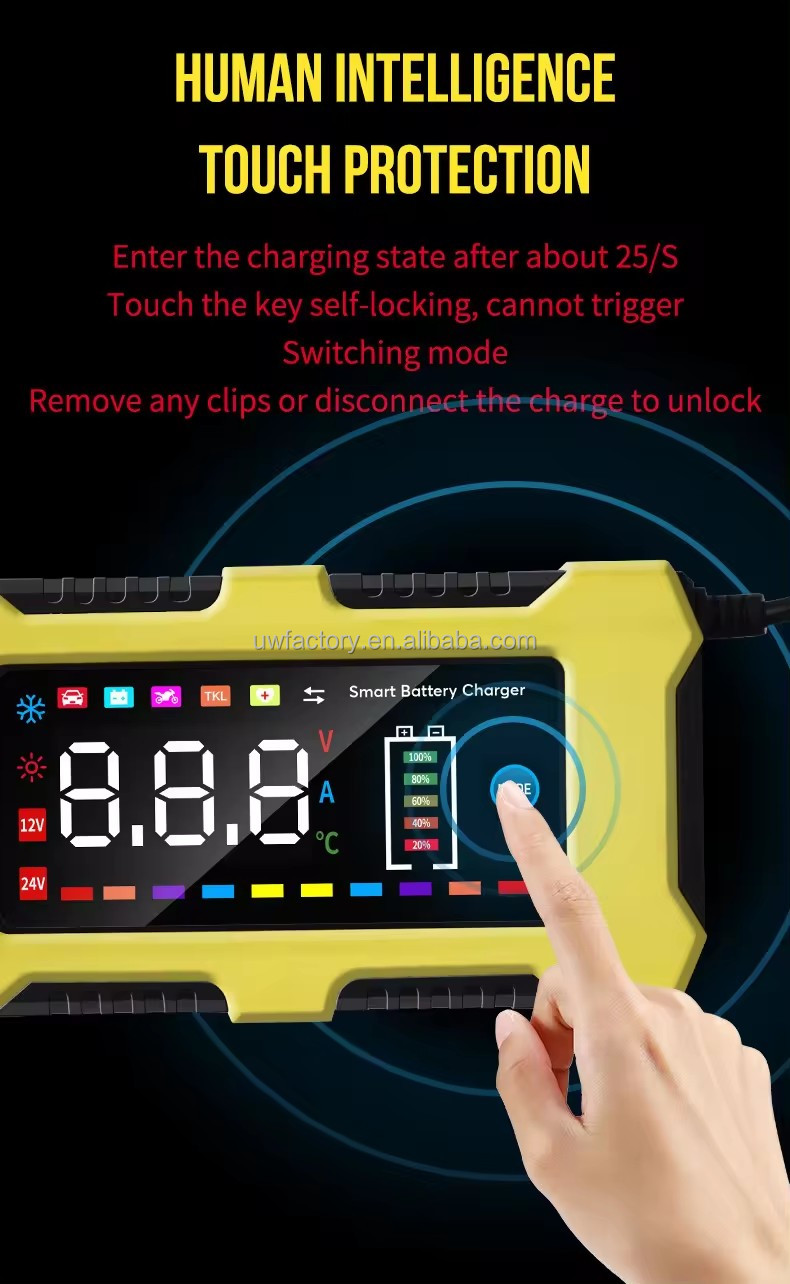 12V/10A Input 12V/2A Output Color Touch Screen Car Battery Charger for Lead-Acid and Lithium Ion Batteries Large Screen