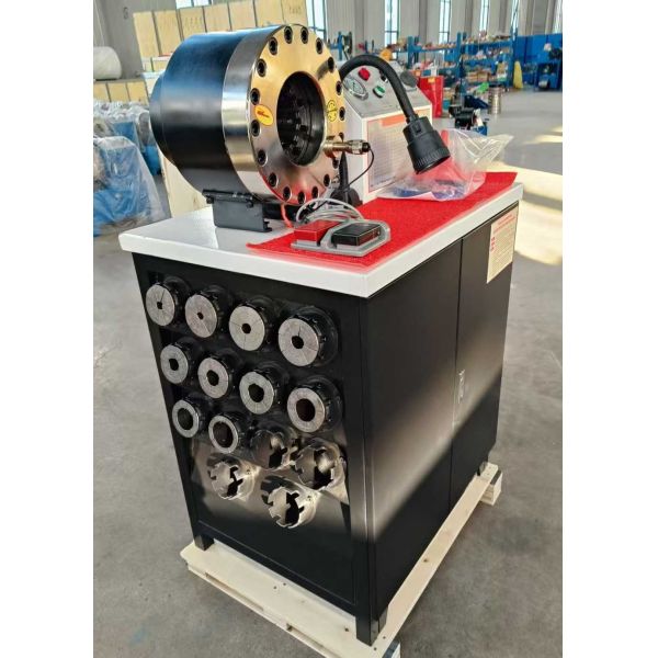Close-up view of crimping machine components