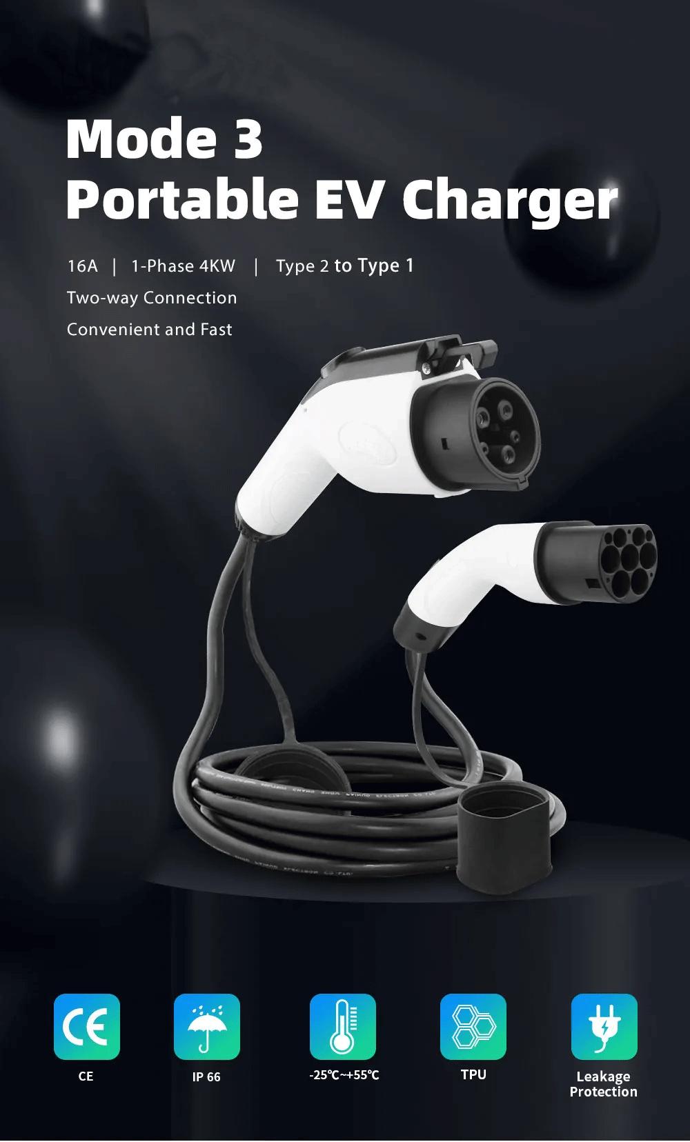 5M 16A / 32A Electric Vehicle Charging Cable Type 2 To Type 1 EV Charger Connector