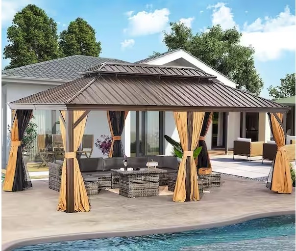 13x11ft Outdoor Patio Garden Steel Frame Hardtop Metal Roof Gazebo