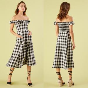 China Black and white checked off shoulder dress on sale
