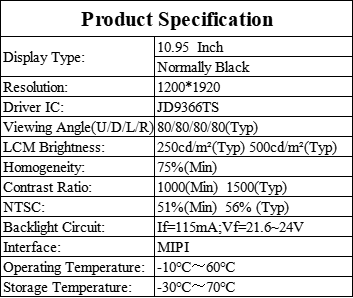 10.95 Inch FHD IPS TFT Tablet LCD Display Screen 1200x1920 Resolution MIPI Interface