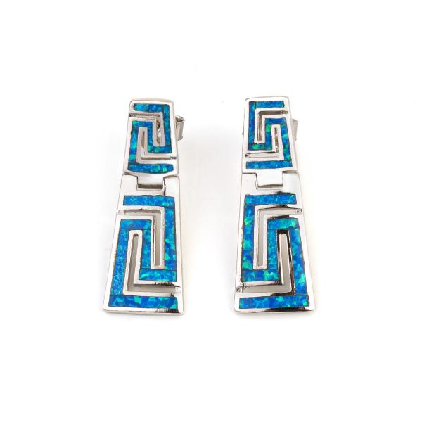 925 With Sterling Silver Greek Key Natural Blue Garnet Stud Meander Opal
