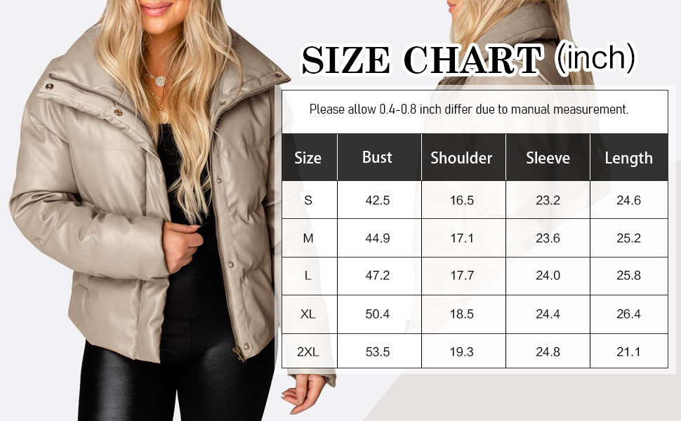 Zip Up Faux Leather Puffer Winter Down Jackets Zipper Closure