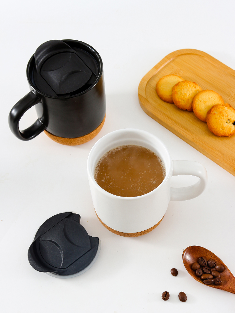 Matte black white ceramics travel mugs cork bottom customizable porcelain ceramic coffee mugs with lid and handle