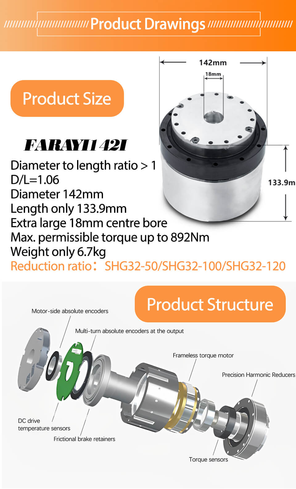 Faradyi Stock 142mm Hight Torque Electric BLDC Robot Joint Speed Reducer Harmonic Motor for Industrial Robot Manipulators