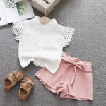 White Pink 21.5in Short Sleeve Short Set White Ruffle Shirt