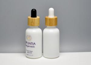 Wholesale ES-D435B(W), opal white glass bottles with bamboo bulb rubber dropper cap, glass primary skin essence oil packaging from china suppliers