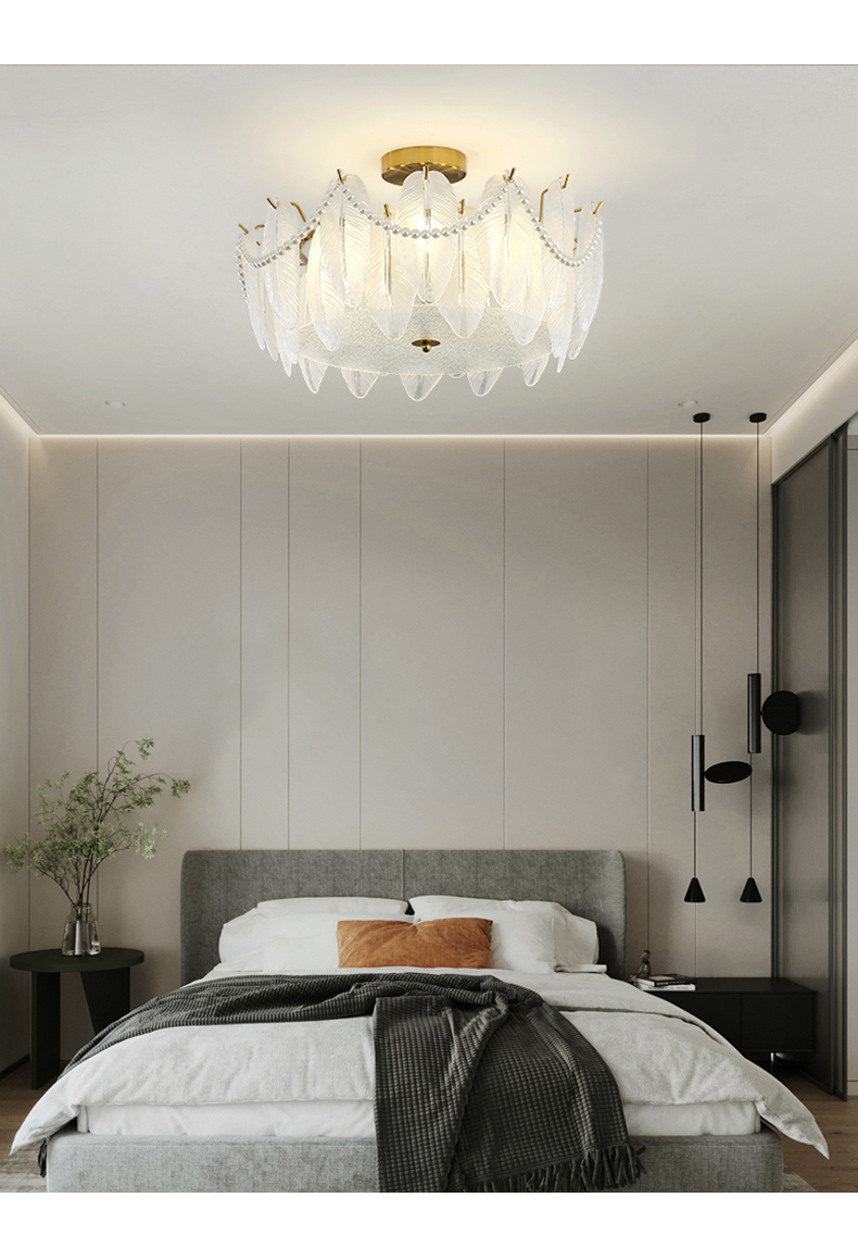 Modern Simple Pearl Feather Glass Chandelier Luxury Living Room Lamp Bedroom Dining Room White Chandelier(WHCY-253)