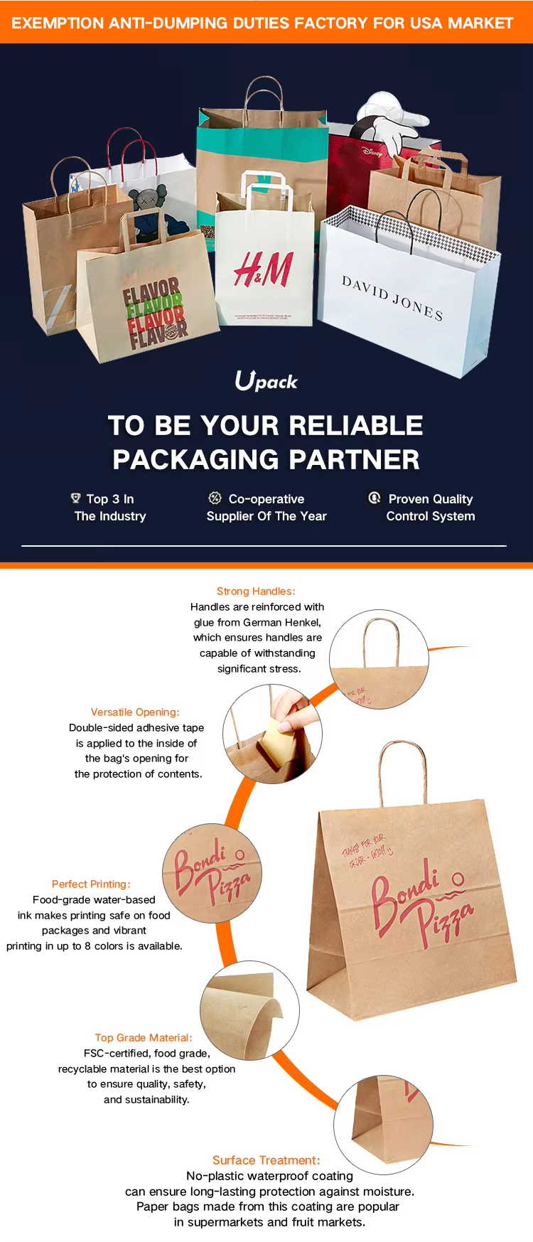 Shopping tote bag with twisted handles made of white and brown kraft paper, printed with a logo