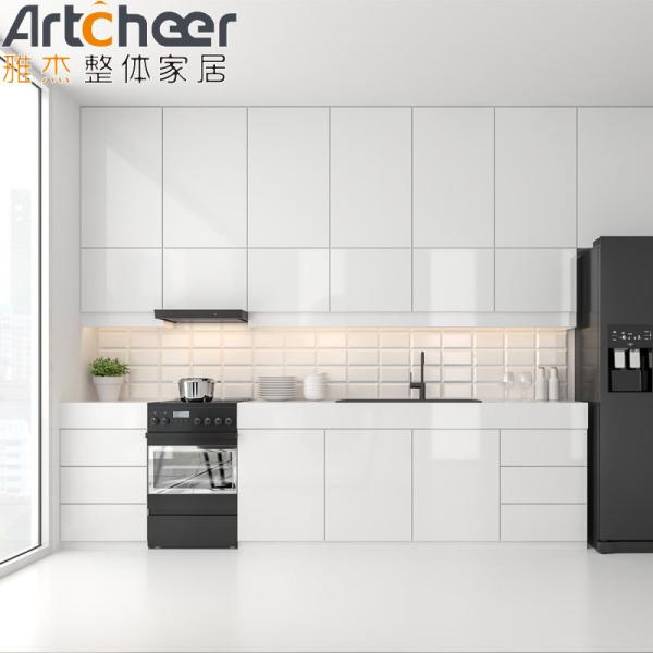 Small Open Kitchen Modern Stylish I Shape White Kitchen Cabinet with Black High