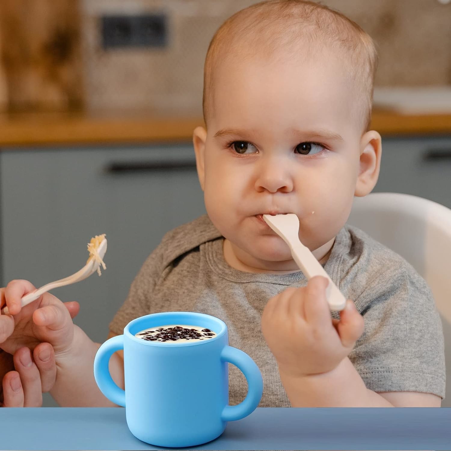 2 ears Silicone Training Cups for Baby and Kids, Toddler Learning Cups with Handles, BPA Free, Microwave and Dishwasher