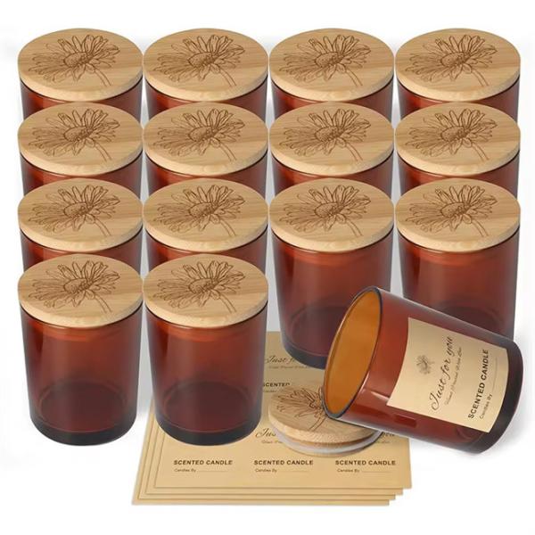 6oz Amber Candle Jars With Bamboo Wooden Lids And Sticky Labels Empty Glass For