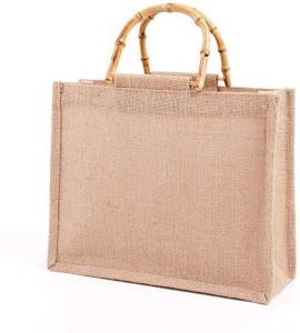 Wholesale Portable Burlap Jute Shopping Bag Bamboo Loop Handles Reusable Tote Grocery Bags for Women from china suppliers
