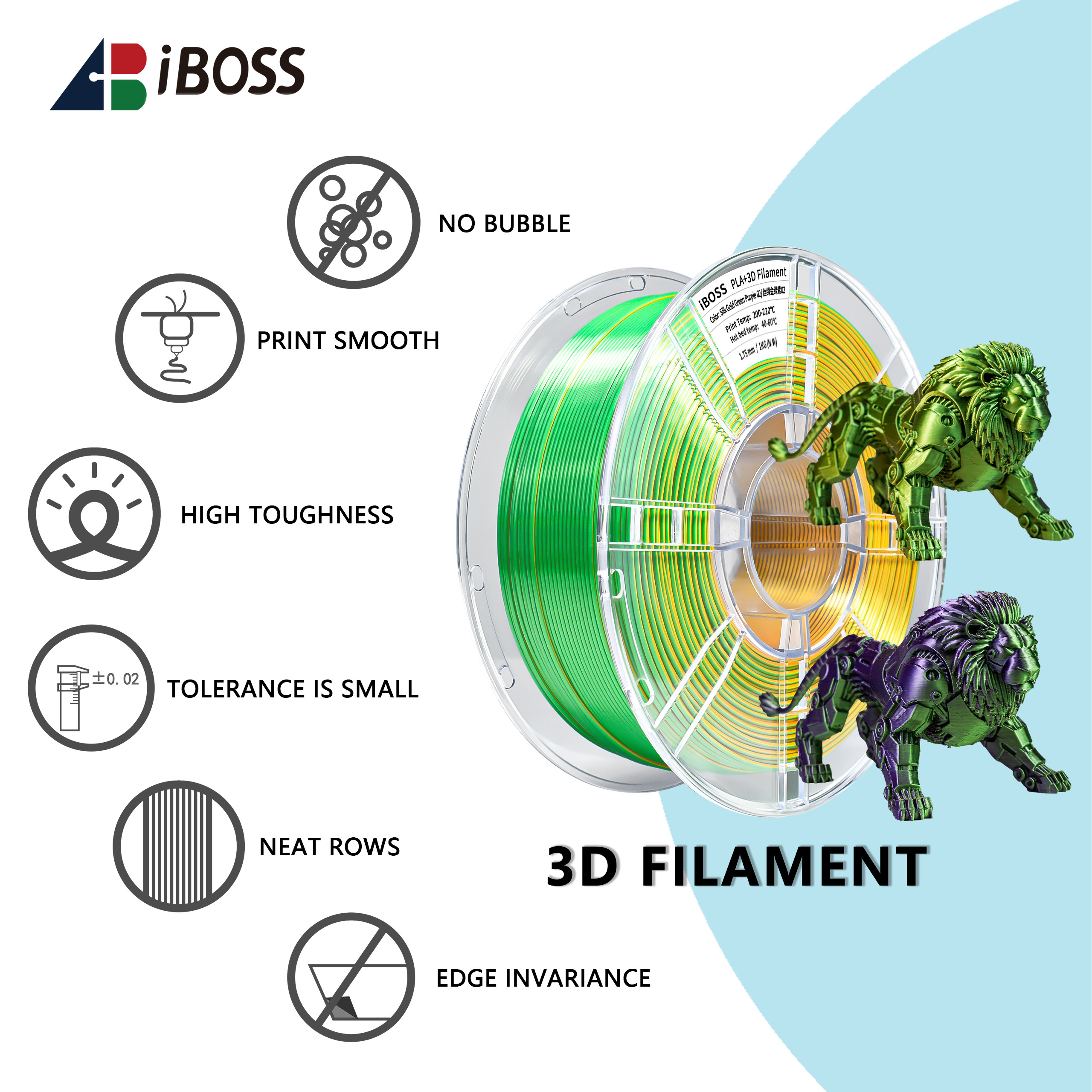 iBOSS PLA + Filament F Tri Color or 3D Printer Silk Gold Green Purple 3d Printing Filament 1.75MM