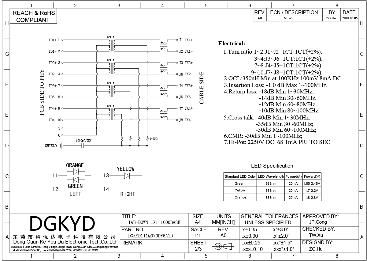 Single Rj45 Ethernet Jack Integrated Transformer / Common Mode Choke , Og/Y Led DGKYD111Q070DF6A1D