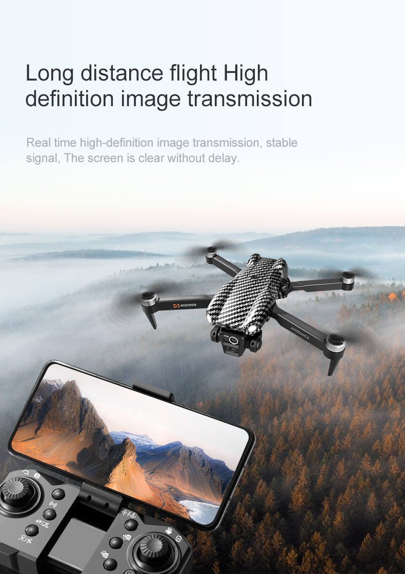 Beginner Operator Skill Level Portable RC Drone with Obstacle Avoidance and Triple Camera D3 Pro 4k Brushless Motor