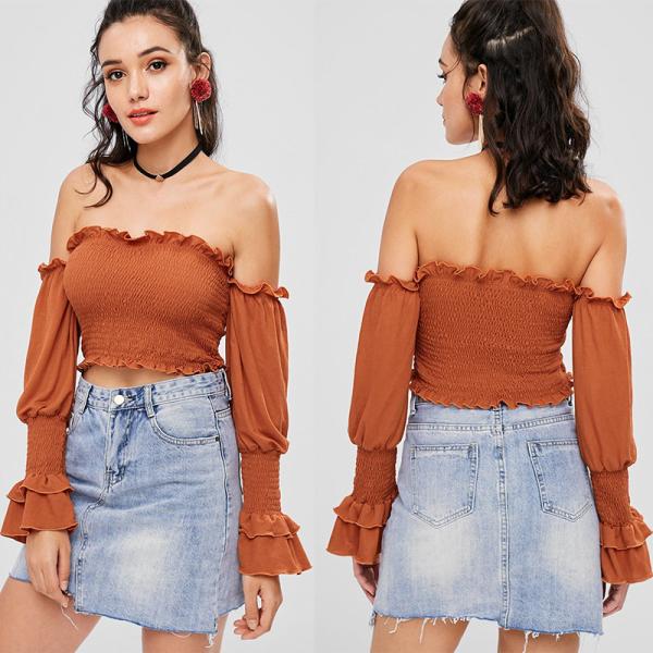 Off The Shoulder Ladies Ruffle Long Sleeve louses Shoulder Off Smocked Crop top