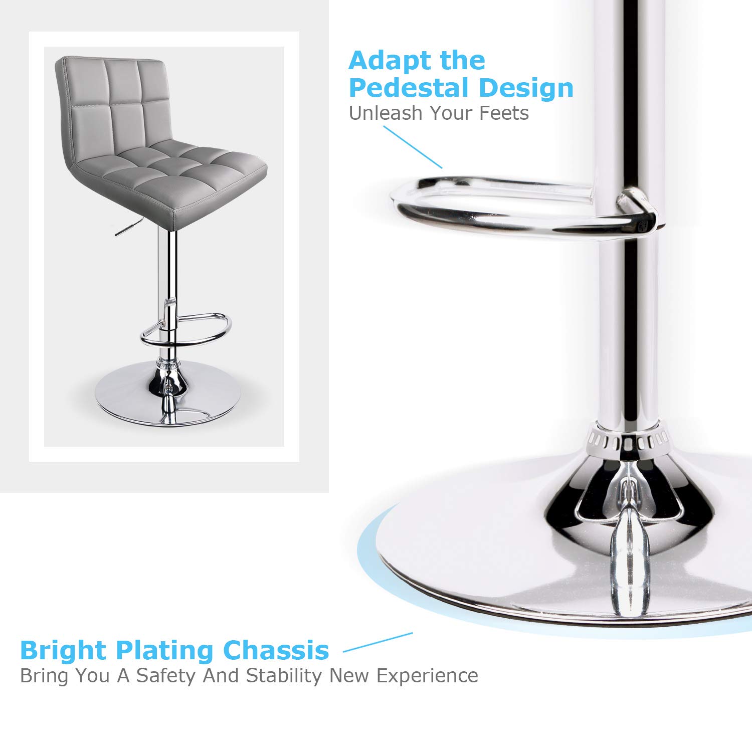 Modern Design PU Leather Adjustable Swivel Bar Stool with Back 14.5"D x 16"W x 24.5"H