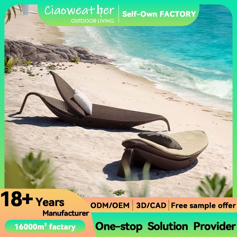 Folded NO Outdoor Pool Leaf Design Waterproof Thick Aluminum Frame PE Rattan Hand Woven Daybed Chair Sun Bed Chaise Loungers